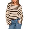 imageBTFBM Womens Striped Knit Sweaters 2025 Spring Fall Boat Neck Off Shoulder Long Sleeve Oversized Casual Pullover TopsStriped Apricot Black