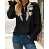 imageBTFBM Womens Tops Dressy Casual Fall 2025 Boho V Neck Ruffle Long Sleeve Shirts Floral Embroidered Work Business BlousesBlack