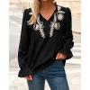 imageBTFBM Womens Tops Dressy Casual Fall 2025 Boho V Neck Ruffle Long Sleeve Shirts Floral Embroidered Work Business BlousesBlack