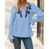 imageBTFBM Womens Tops Dressy Casual Fall 2025 Boho V Neck Ruffle Long Sleeve Shirts Floral Embroidered Work Business BlousesBlue