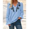 imageBTFBM Womens Tops Dressy Casual Fall 2025 Boho V Neck Ruffle Long Sleeve Shirts Floral Embroidered Work Business BlousesBlue