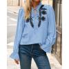 imageBTFBM Womens Tops Dressy Casual Fall 2025 Boho V Neck Ruffle Long Sleeve Shirts Floral Embroidered Work Business BlousesBlue