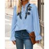 imageBTFBM Womens Tops Dressy Casual Fall 2025 Boho V Neck Ruffle Long Sleeve Shirts Floral Embroidered Work Business BlousesBlue