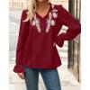 imageBTFBM Womens Tops Dressy Casual Fall 2025 Boho V Neck Ruffle Long Sleeve Shirts Floral Embroidered Work Business BlousesBurgundy