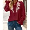 imageBTFBM Womens Tops Dressy Casual Fall 2025 Boho V Neck Ruffle Long Sleeve Shirts Floral Embroidered Work Business BlousesBurgundy