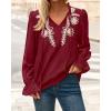 imageBTFBM Womens Tops Dressy Casual Fall 2025 Boho V Neck Ruffle Long Sleeve Shirts Floral Embroidered Work Business BlousesBurgundy