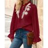 imageBTFBM Womens Tops Dressy Casual Fall 2025 Boho V Neck Ruffle Long Sleeve Shirts Floral Embroidered Work Business BlousesBurgundy