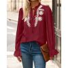 imageBTFBM Womens Tops Dressy Casual Fall 2025 Boho V Neck Ruffle Long Sleeve Shirts Floral Embroidered Work Business BlousesBurgundy