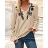 imageBTFBM Womens Tops Dressy Casual Fall 2025 Boho V Neck Ruffle Long Sleeve Shirts Floral Embroidered Work Business BlousesKhaki