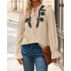 imageBTFBM Womens Tops Dressy Casual Fall 2025 Boho V Neck Ruffle Long Sleeve Shirts Floral Embroidered Work Business BlousesKhaki