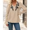 imageBTFBM Womens Tops Dressy Casual Fall 2025 Boho V Neck Ruffle Long Sleeve Shirts Floral Embroidered Work Business BlousesKhaki