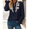 imageBTFBM Womens Tops Dressy Casual Fall 2025 Boho V Neck Ruffle Long Sleeve Shirts Floral Embroidered Work Business BlousesNavy