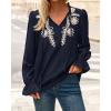 imageBTFBM Womens Tops Dressy Casual Fall 2025 Boho V Neck Ruffle Long Sleeve Shirts Floral Embroidered Work Business BlousesNavy