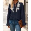 imageBTFBM Womens Tops Dressy Casual Fall 2025 Boho V Neck Ruffle Long Sleeve Shirts Floral Embroidered Work Business BlousesNavy