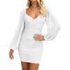 imageBTFBM Fall Dresses for Women 2025 Cross V Neck Mesh Long Sleeve Ruched Bodycon Formal Wedding Cocktail Short DressWhite