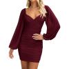 imageBTFBM Fall Dresses for Women 2025 Cross V Neck Mesh Long Sleeve Ruched Bodycon Formal Wedding Cocktail Short DressWine Red