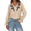 imageBTFBM Womens Tops Dressy Casual Fall 2025 Boho V Neck Ruffle Long Sleeve Shirts Floral Embroidered Work Business BlousesKhaki