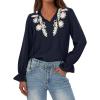imageBTFBM Womens Tops Dressy Casual Fall 2025 Boho V Neck Ruffle Long Sleeve Shirts Floral Embroidered Work Business BlousesNavy