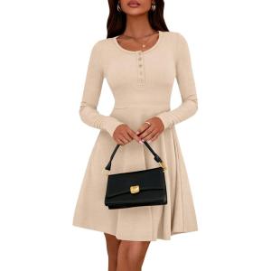imageBTFBM Casual Fall Dresses for Women 2025 Long Sleeve Ribbed Button Down Empire Waist A Line Winter Wedding Guest DressBeige