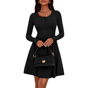 imageBTFBM Casual Fall Dresses for Women 2025 Long Sleeve Ribbed Button Down Empire Waist A Line Winter Wedding Guest DressBlack