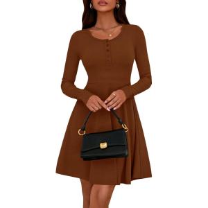 imageBTFBM Casual Fall Dresses for Women 2025 Long Sleeve Ribbed Button Down Empire Waist A Line Winter Wedding Guest DressBrown