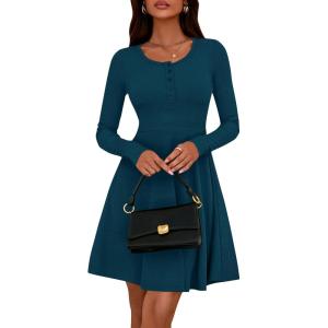 imageBTFBM Casual Fall Dresses for Women 2025 Long Sleeve Ribbed Button Down Empire Waist A Line Winter Wedding Guest DressLake Blue