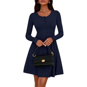 imageBTFBM Casual Fall Dresses for Women 2025 Long Sleeve Ribbed Button Down Empire Waist A Line Winter Wedding Guest DressNavy