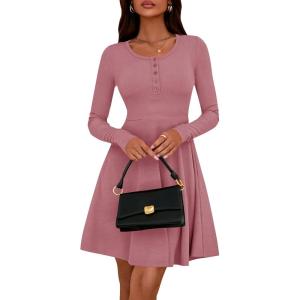 imageBTFBM Casual Fall Dresses for Women 2025 Long Sleeve Ribbed Button Down Empire Waist A Line Winter Wedding Guest DressPink