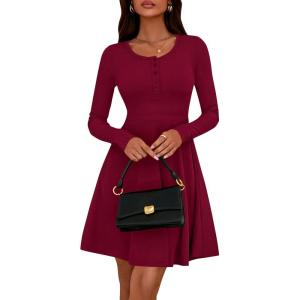imageBTFBM Casual Fall Dresses for Women 2025 Long Sleeve Ribbed Button Down Empire Waist A Line Winter Wedding Guest DressWine Red