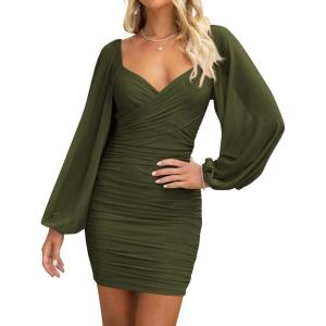 imageBTFBM Fall Dresses for Women 2025 Cross V Neck Mesh Long Sleeve Ruched Bodycon Formal Wedding Cocktail Short DressArmy Green