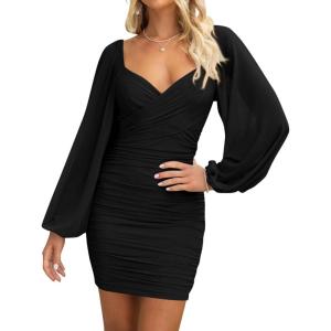 imageBTFBM Fall Dresses for Women 2025 Cross V Neck Mesh Long Sleeve Ruched Bodycon Formal Wedding Cocktail Short DressBlack