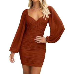 imageBTFBM Fall Dresses for Women 2025 Cross V Neck Mesh Long Sleeve Ruched Bodycon Formal Wedding Cocktail Short DressCaramel