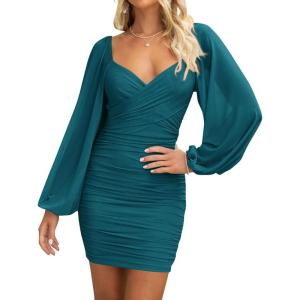 imageBTFBM Fall Dresses for Women 2025 Cross V Neck Mesh Long Sleeve Ruched Bodycon Formal Wedding Cocktail Short DressLake Blue
