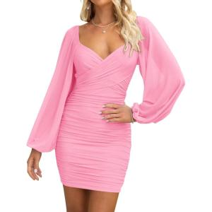 imageBTFBM Fall Dresses for Women 2025 Cross V Neck Mesh Long Sleeve Ruched Bodycon Formal Wedding Cocktail Short DressPink