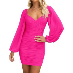 imageBTFBM Fall Dresses for Women 2025 Cross V Neck Mesh Long Sleeve Ruched Bodycon Formal Wedding Cocktail Short DressRose Red
