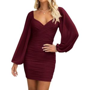 imageBTFBM Fall Dresses for Women 2025 Cross V Neck Mesh Long Sleeve Ruched Bodycon Formal Wedding Cocktail Short DressWine Red