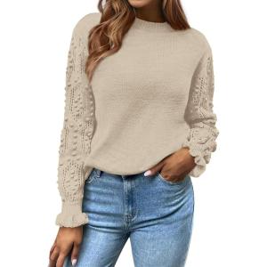 imageBTFBM Fall Sweaters for Women 2025 Crew Neck Long Sleeve Hollow Out Swiss Dot Knit Casual Pullover Tops Fashion ClothingApricot