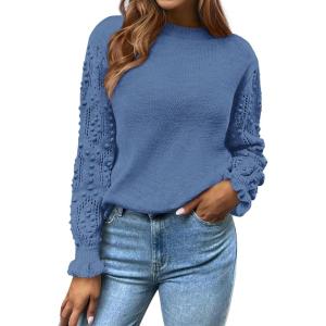 imageBTFBM Fall Sweaters for Women 2025 Crew Neck Long Sleeve Hollow Out Swiss Dot Knit Casual Pullover Tops Fashion ClothingBlue