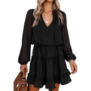 imageBTFBM Long Sleeve Fall Dresses for Women 2025 Summer Casual Tie Neck Ruffle Tiered A Line Wedding Guest Short Mini DressDot Black