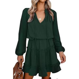 imageBTFBM Long Sleeve Fall Dresses for Women 2025 Summer Casual Tie Neck Ruffle Tiered A Line Wedding Guest Short Mini DressDot Dark Green