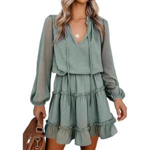imageBTFBM Long Sleeve Fall Dresses for Women 2025 Summer Casual Tie Neck Ruffle Tiered A Line Wedding Guest Short Mini DressDot Green