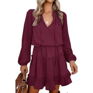 imageBTFBM Long Sleeve Fall Dresses for Women 2025 Summer Casual Tie Neck Ruffle Tiered A Line Wedding Guest Short Mini DressDot Wine Red