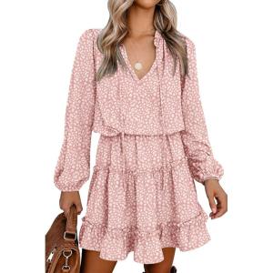 imageBTFBM Long Sleeve Fall Dresses for Women 2025 Summer Casual Tie Neck Ruffle Tiered A Line Wedding Guest Short Mini DressLeopard Pink