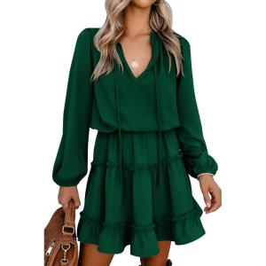 imageBTFBM Long Sleeve Fall Dresses for Women 2025 Summer Casual Tie Neck Ruffle Tiered A Line Wedding Guest Short Mini DressLong Sleeve Dark Green