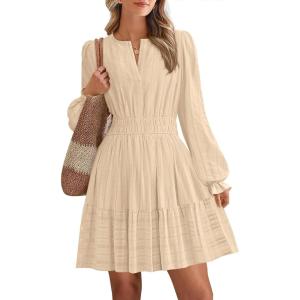 imageBTFBM Mini Dresses for Women 2025 Casual Lightweight Long Sleeve V Neck A Line Elastic Waist Party Holiday DressApricot