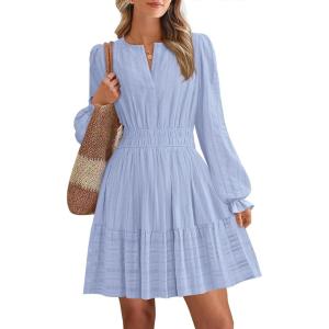 imageBTFBM Mini Dresses for Women 2025 Casual Lightweight Long Sleeve V Neck A Line Elastic Waist Party Holiday DressLight Blue