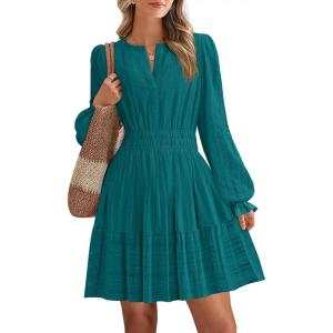 imageBTFBM Mini Dresses for Women 2025 Casual Lightweight Long Sleeve V Neck A Line Elastic Waist Party Holiday DressMalachite Green
