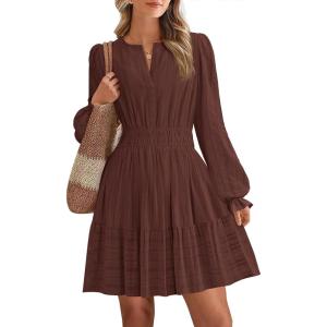 imageBTFBM Mini Dresses for Women 2025 Casual Lightweight Long Sleeve V Neck A Line Elastic Waist Party Holiday DressRed Brown
