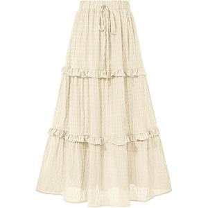 imageBTFBM Womens Long Summer Skirt 2025 Elegant High Waist Cocktail Party Wedding Guest Dress Flared ALine Midi SkirtsBeige White