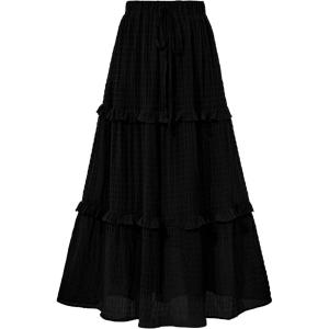imageBTFBM Womens Long Summer Skirt 2025 Elegant High Waist Cocktail Party Wedding Guest Dress Flared ALine Midi SkirtsBlack